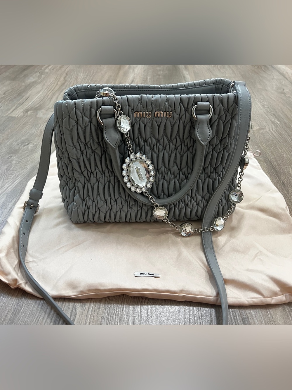 Miu Miu Gray Matelassé Satchel with Crystal Chain